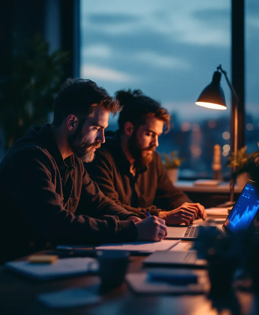 Two Slate Harbor consultants reviewing a dashboard together at a desk