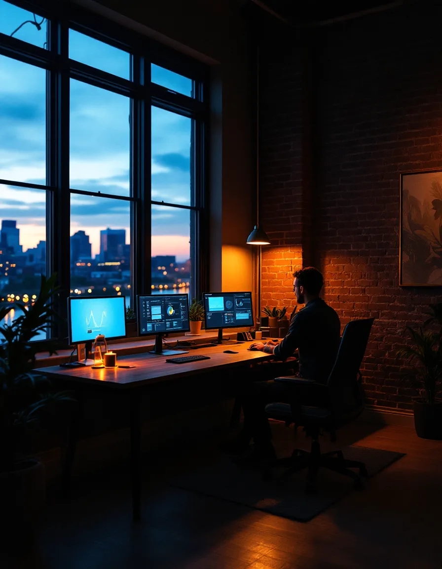 The Slate Harbor workspace overlooking the Minneapolis riverfront at dusk