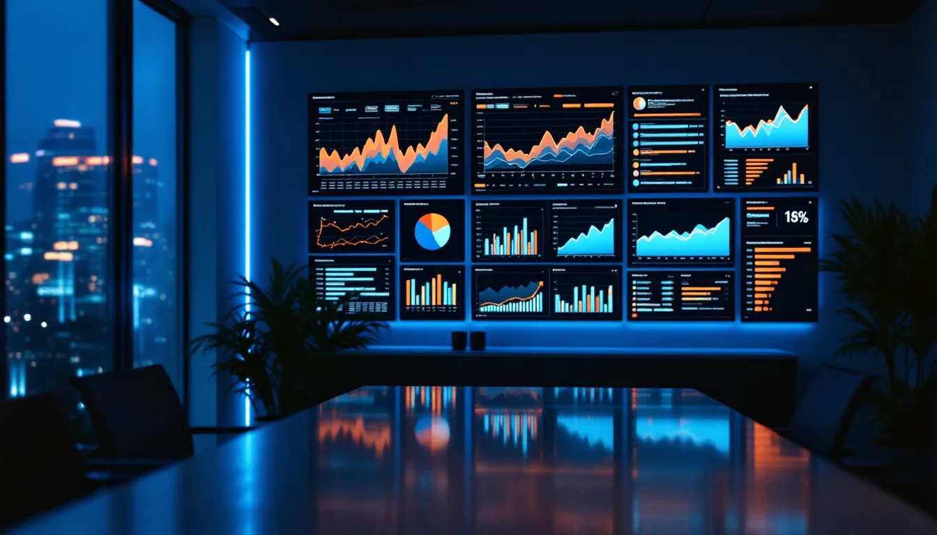 A quiet workspace with glowing data dashboards at dusk